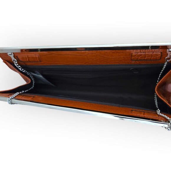 Giovane Rusty Orange Faux Crocodile  Silver Hardware Chain Strap Clutch Bag NWT - Picture 5 of 6